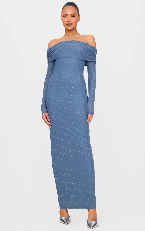 Steel Blue Diamante Bardot Long Sleeve Flare Sleeve Maxi Dress