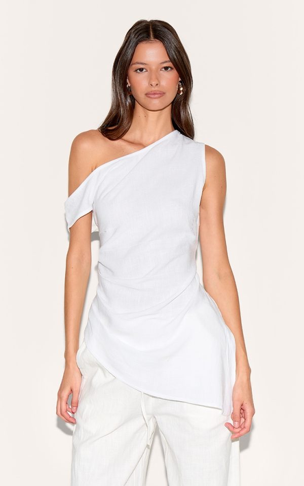 White Linen Look One Shoulder Asymmetric Top