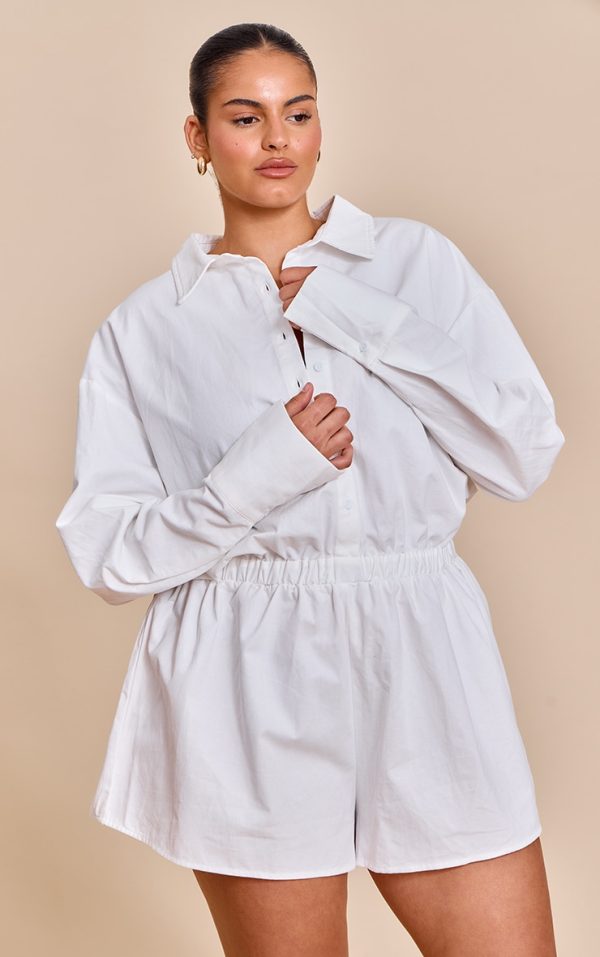 Plus White Cotton Ruched Tiered Skort Shirt Romper