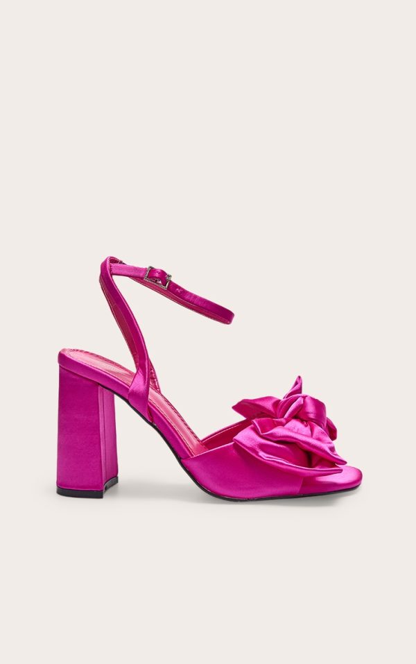 Pink Wide Fit Satin Round Toe Bow Block Heeled Sandals