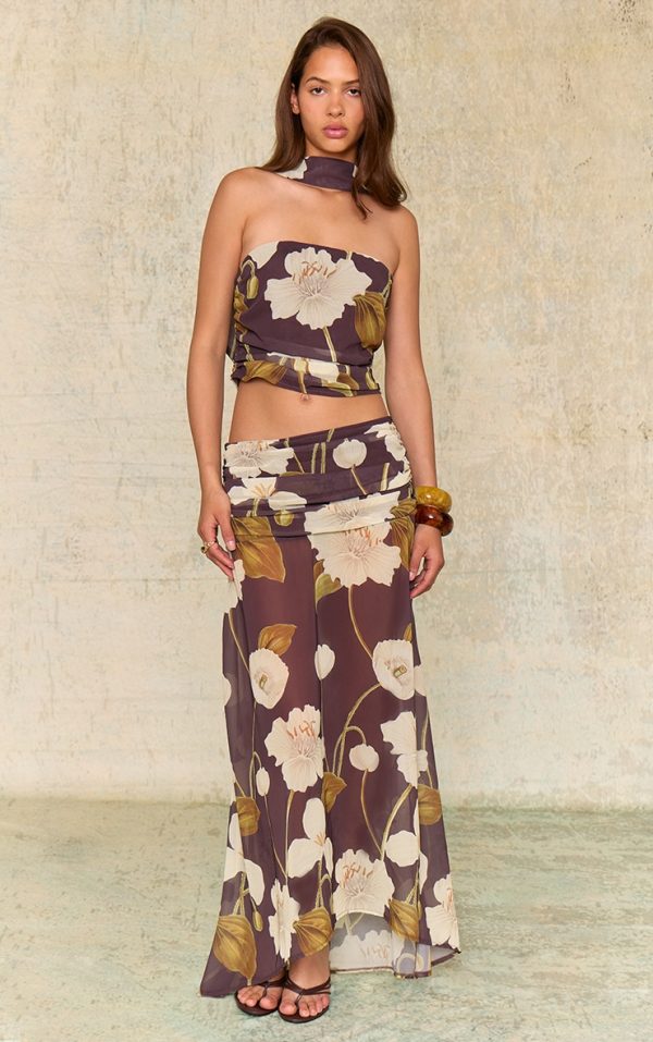 Dark Chocolate Floral Printed Chiffon Ruched Maxi Skirt