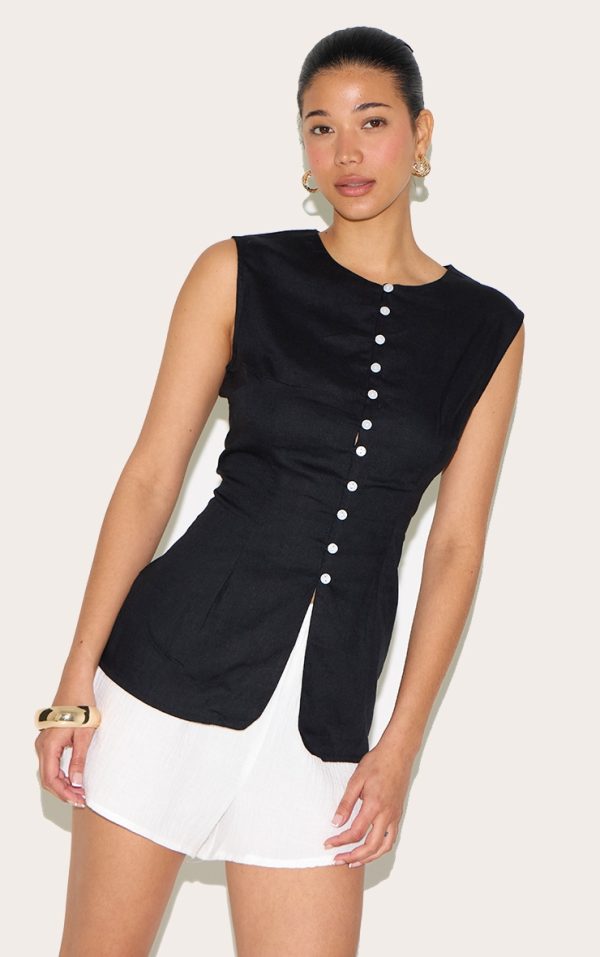 Black Linen Blend Button Vest