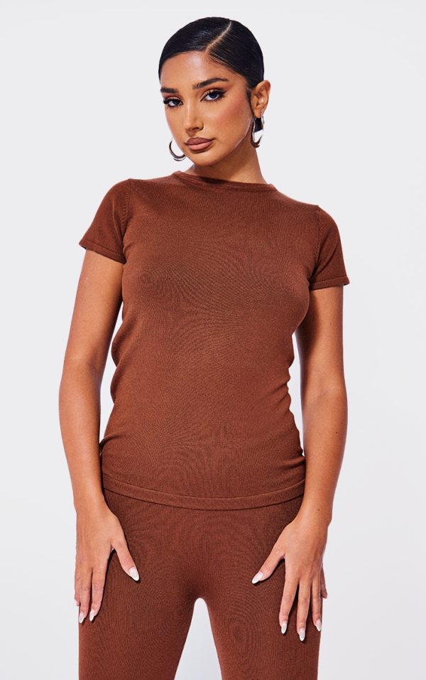 Petite Coffee Knitted Crew Neck Top