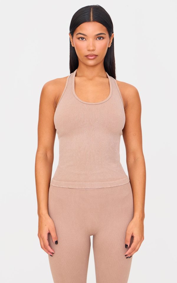 Chocolate Mocha Acid Wash Seamless Rib Halter Neck Gym Top
