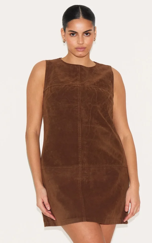 Plus Deep Chocolate Faux Suede Seam Detail Sleeveless Shift Dress
