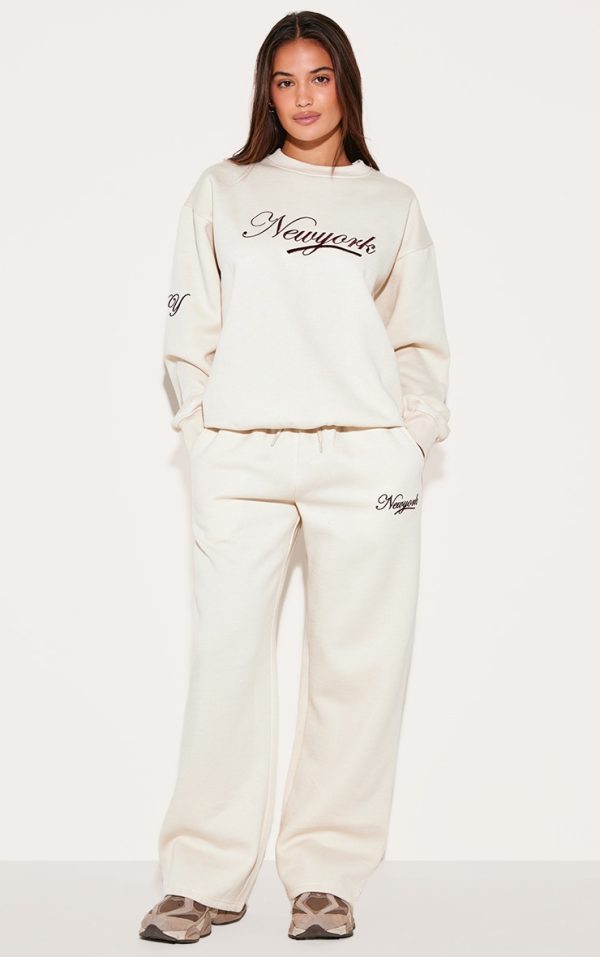 Cream New York Embroidered Wide Leg Sweatpants