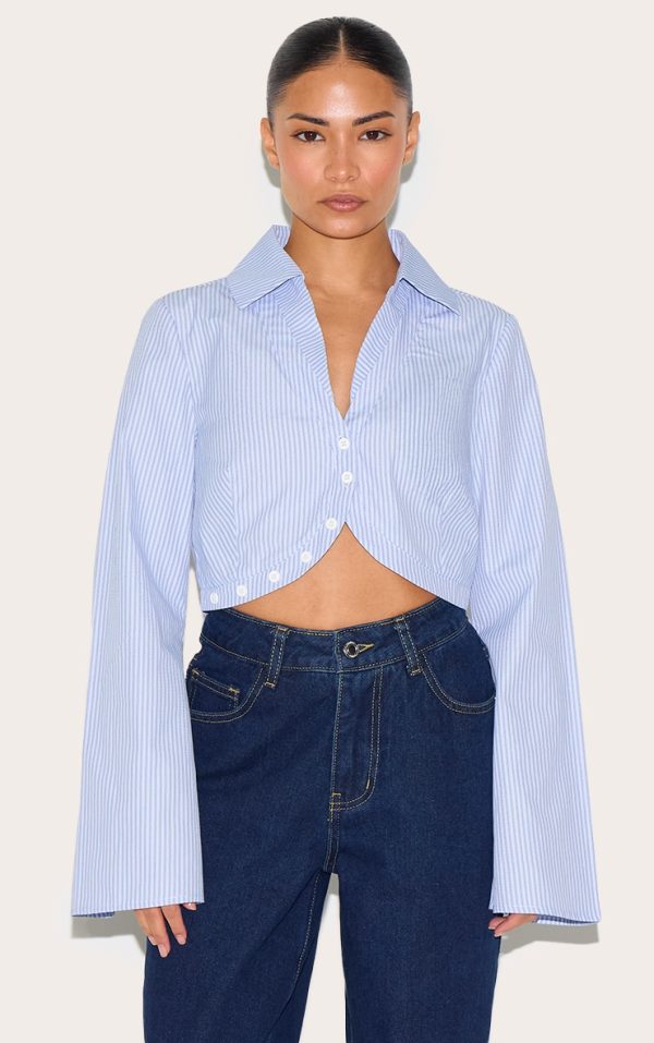 Petite Blue Pinstripe Cropped Long Sleeve Shirt
