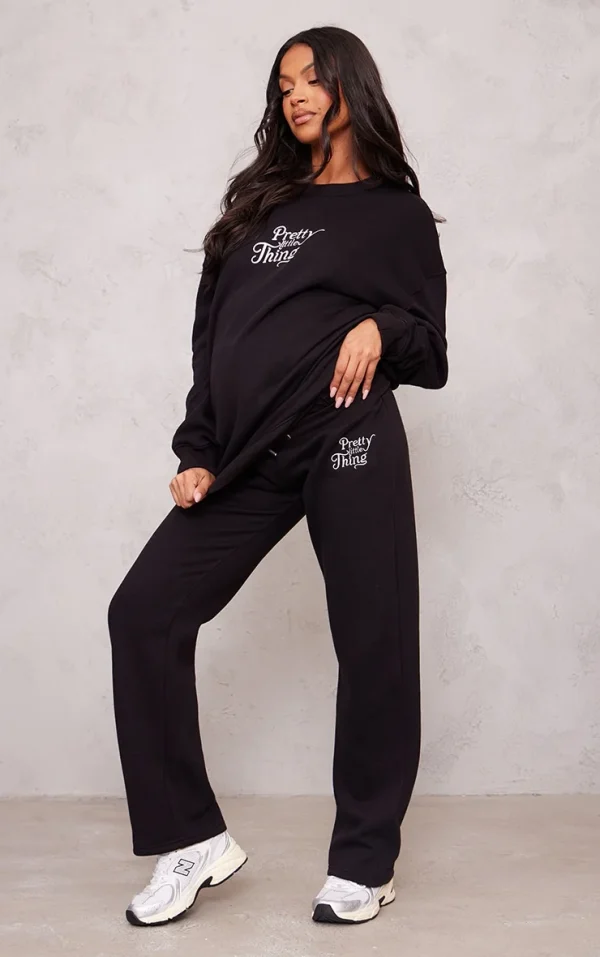 PRETTYLITTLETHING Maternity Black Embroidered Wide Leg Sweatpants