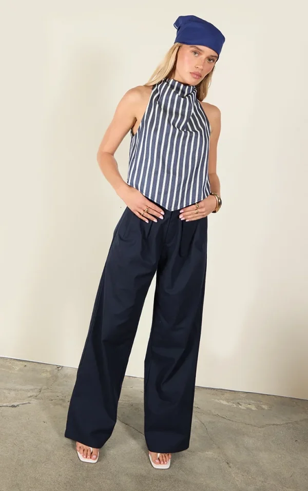 Indigo Blue Button Detail High Waisted Wide Leg Pants