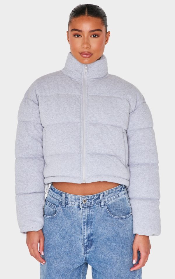 Grey Knit Jersey Cropped Padded Jacket