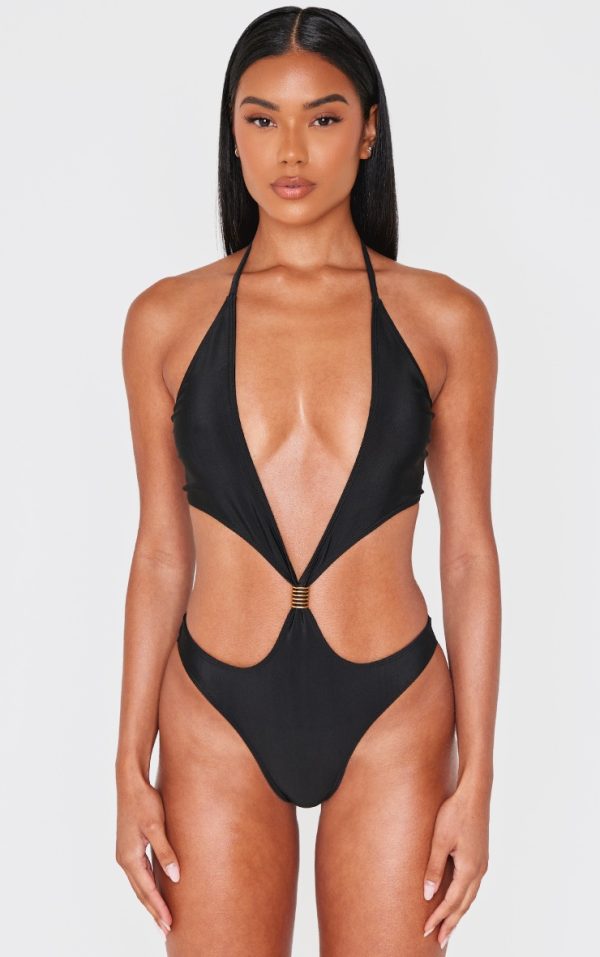 Black Extreme Cut Out Gold Trim Halter Tie Swimsuit