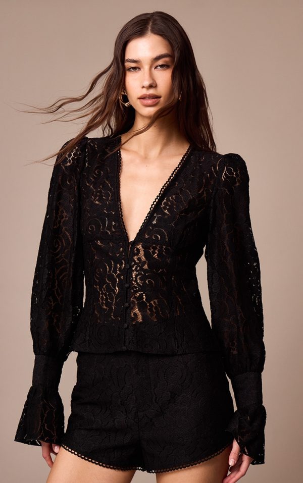 Black Sheer Lace Plunge Puff Sleeve Blouse