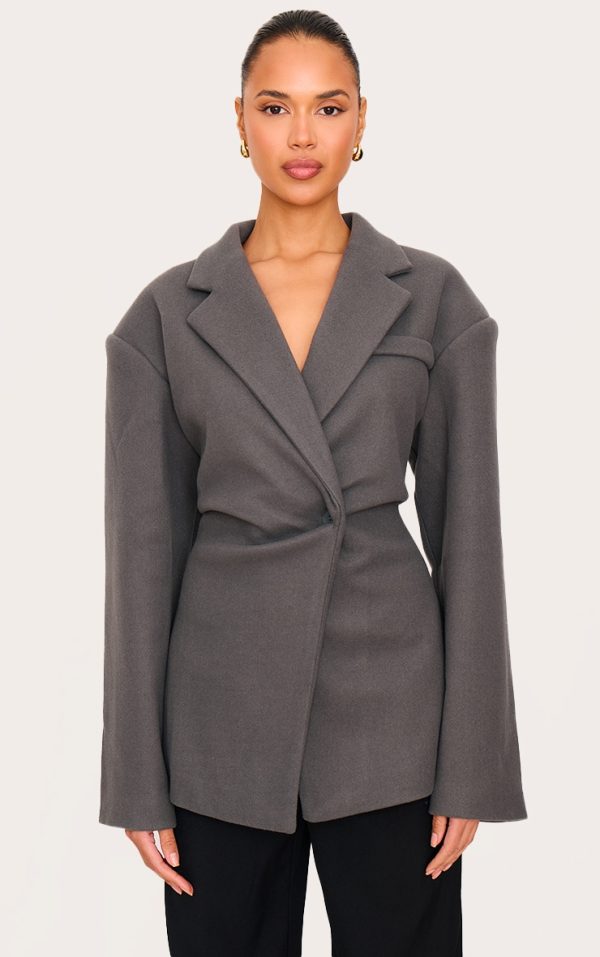 Charcoal Wool Look Cinched Blazer
