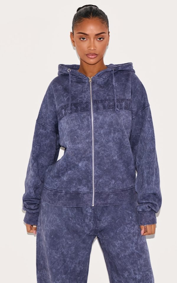 Shape Navy Embroidery Washed Zip Through Hoodie