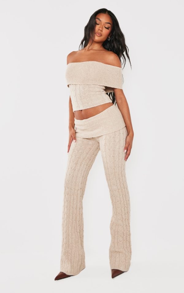 Oatmeal Marl Textured Knit Foldover Wide Leg Pants