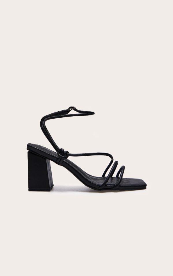 Black Pu Square Toe Strappy Tube Asymmetric Block Heeled Sandals
