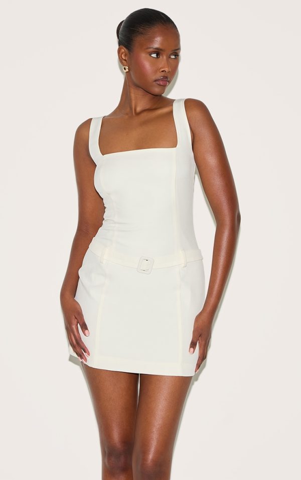 Cream Scoop Neck Belted Shift Dress