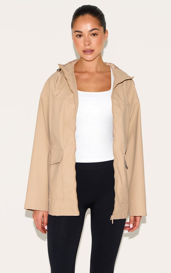 Beige Rubberised Zip Up Jacket With Hood