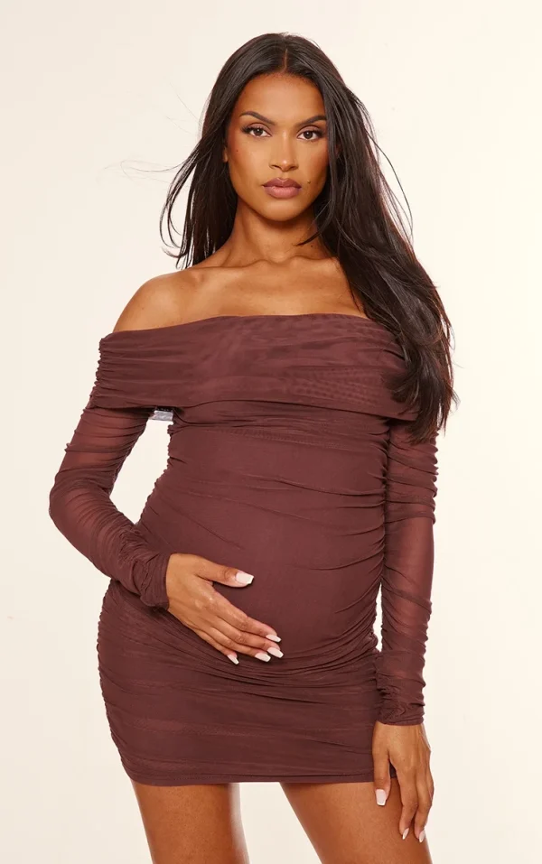 Maternity Chocolate Mesh Ruched Long Sleeve Mini Dress