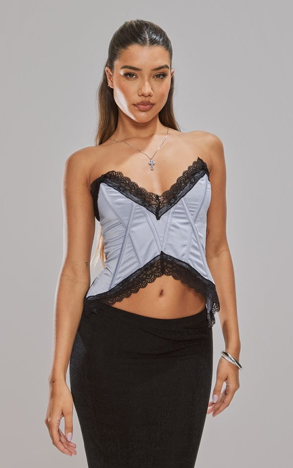 Blue Grey Silk Lace Trim Pointed Hem Boned Bandeau