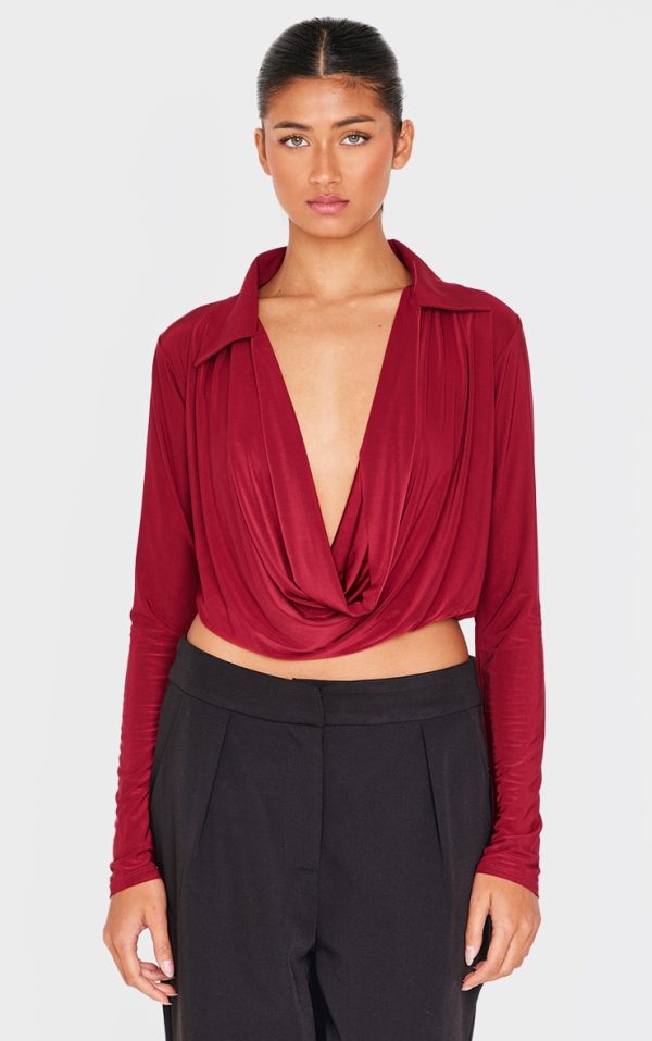 Burgundy Slinky Cowl Front Open Shirt