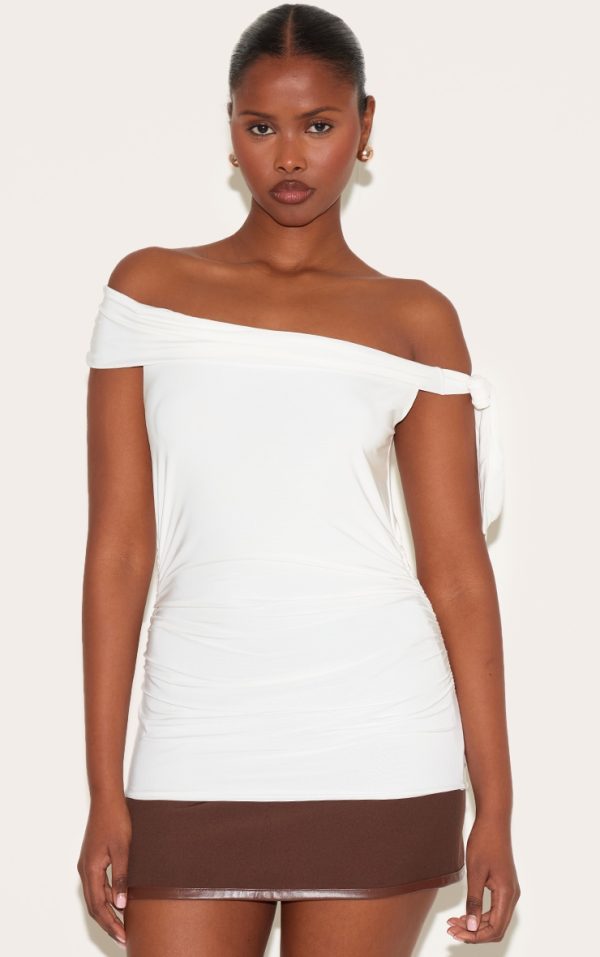 Cream Double Layer Slinky Tie Shoulder Bardot Long Top