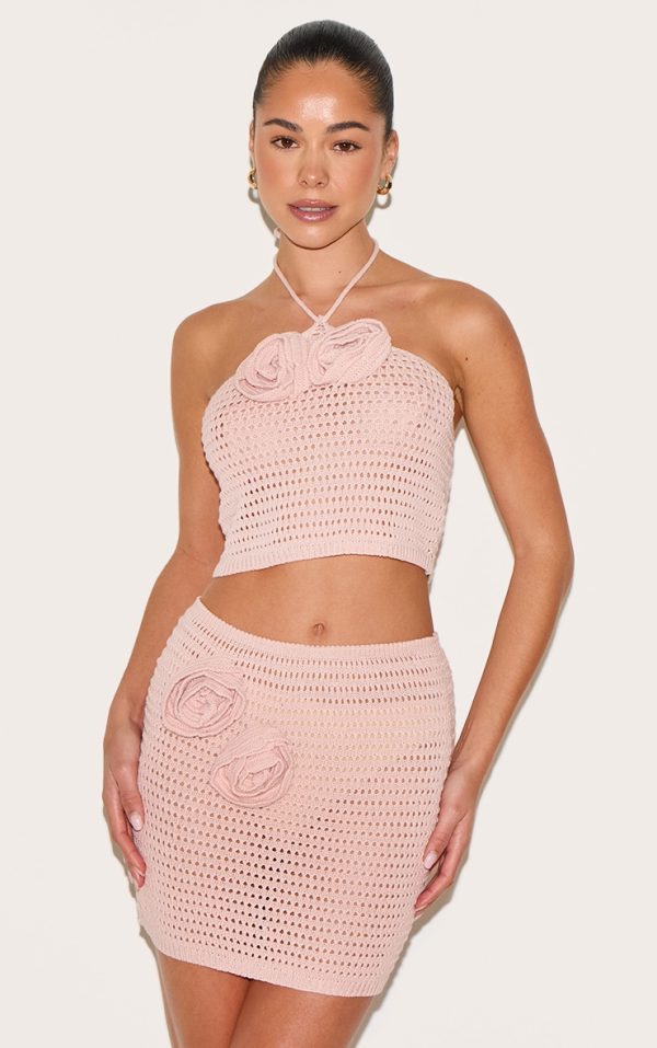 Dusty Pink Tie Neck Flower Applique Top