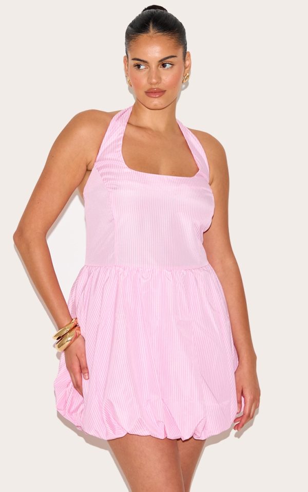 Plus Pink Pinstripe Halterneck Puffball Dress
