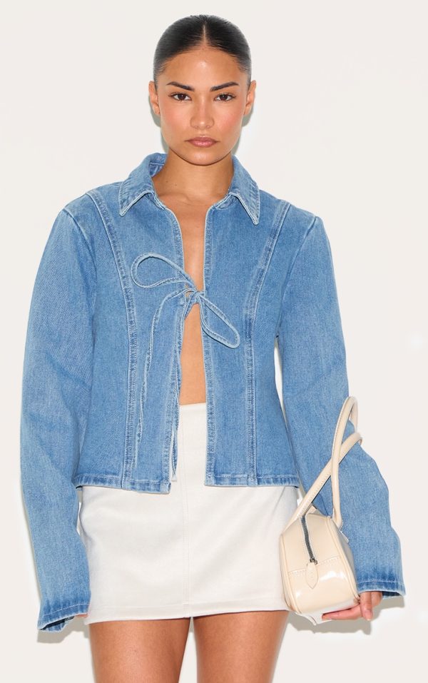 Petite Mid Blue Wash Denim Tie Front Top