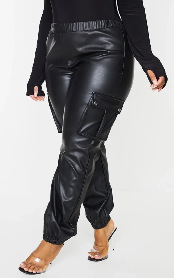 Plus Black Faux Leather Cargo Pants