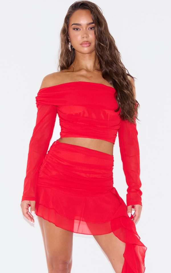 Cherry Red Chiffon Off The Shoulder Long Sleeve Crop Top