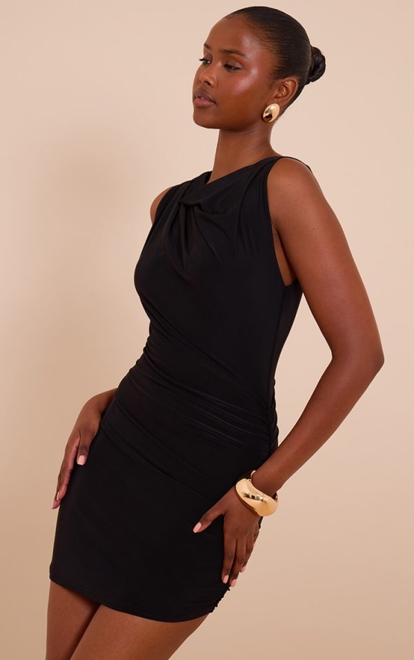 Black Slinky Ruched Shoulder Racer Neck Bodycon Dress