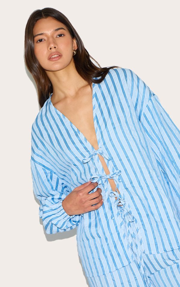 Blue Striped Textured Tie Front Shirt