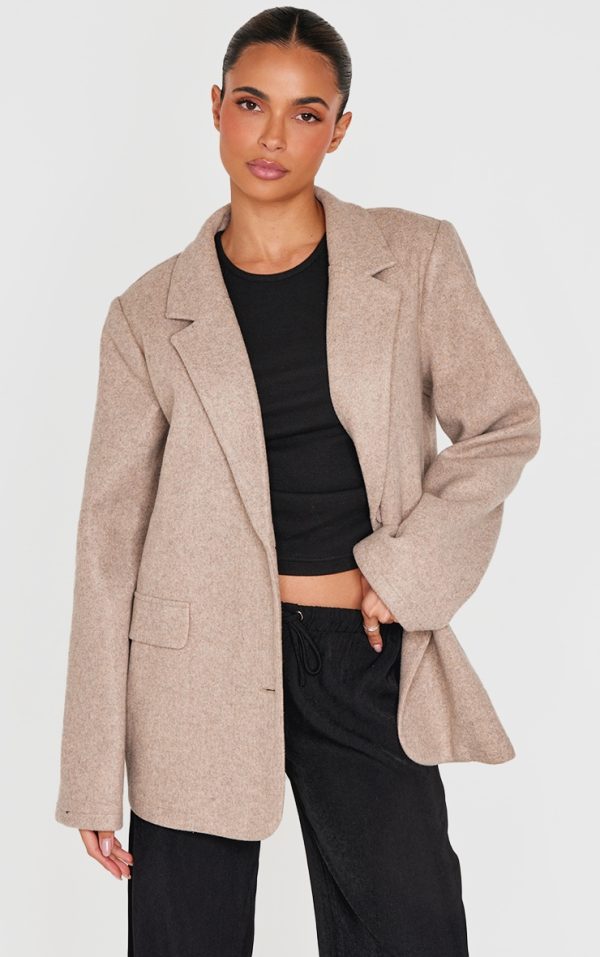 Taupe Brushed Wool Look Tailored Blazer