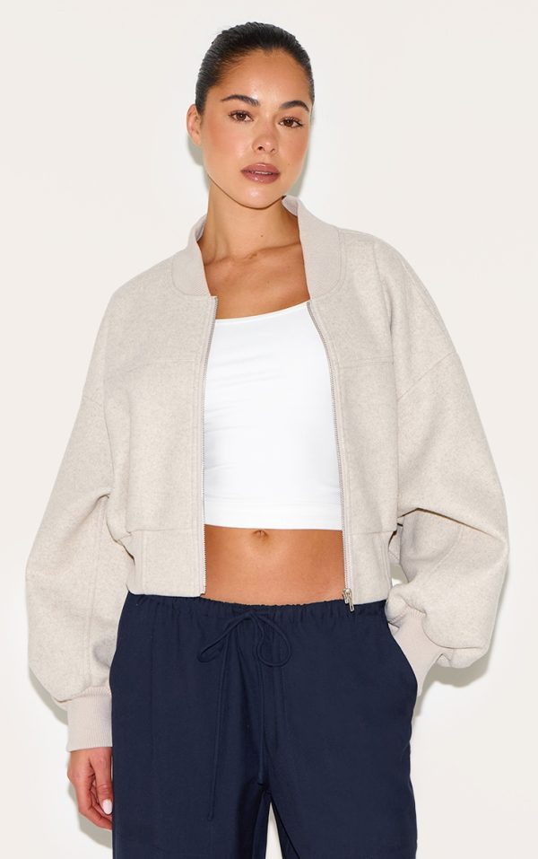 Stone Ruched Sleeve Cropped Bomber Jacket