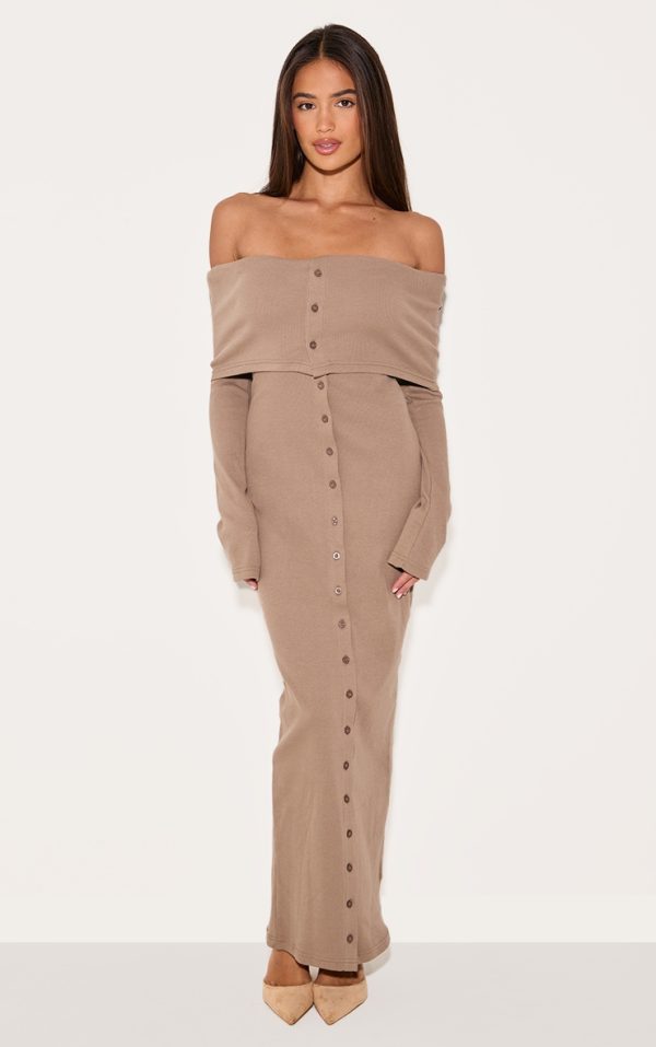 Taupe Rib Fold Over Bardot Button Maxi Dress