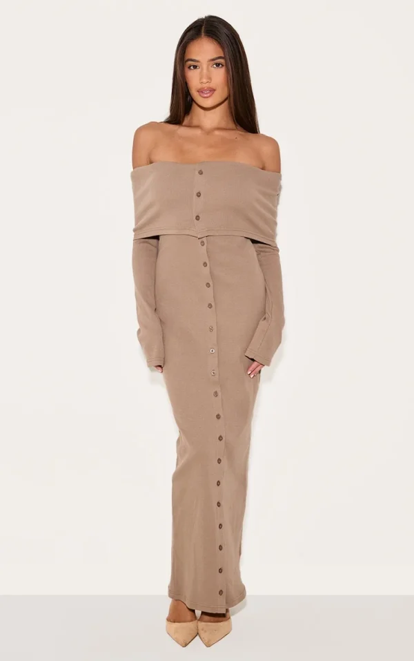 Taupe Rib Fold Over Bardot Button Maxi Dress