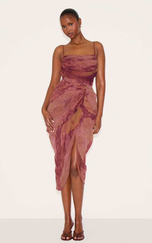 Dark Purple Abstract Print Chiffon Ruched Drape Midi Dress