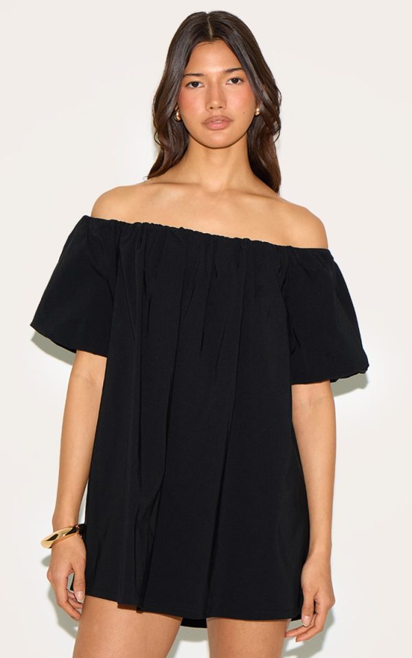 Black Bardot Puff Sleeve Shift Dress