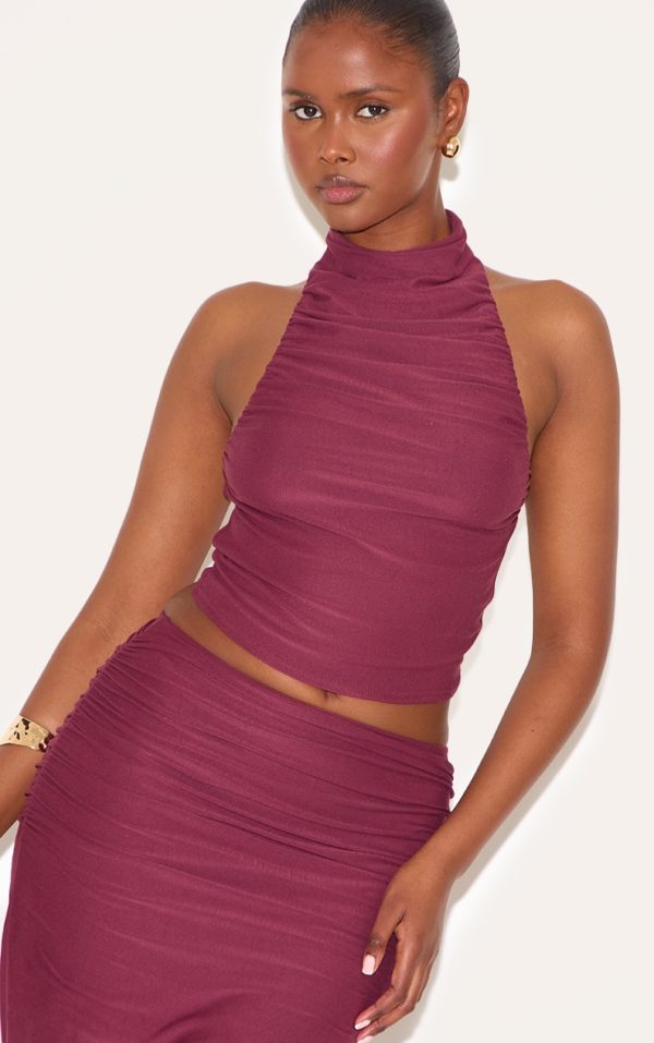 Wine Soft Touch Ruched Halter Crop Top