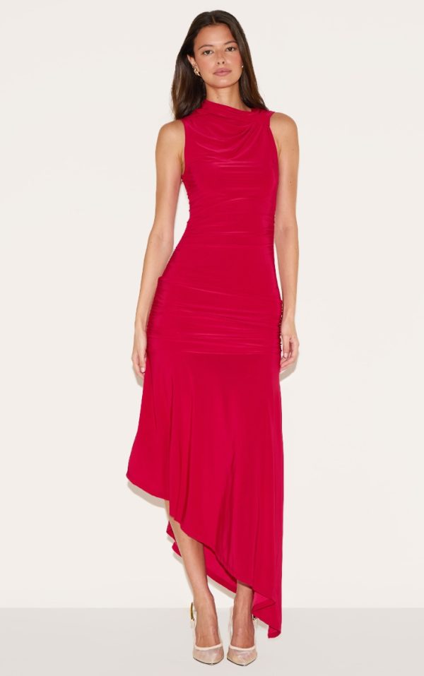 Red Double Layer Slinky Asymmetrical Ruched Midaxi Dress