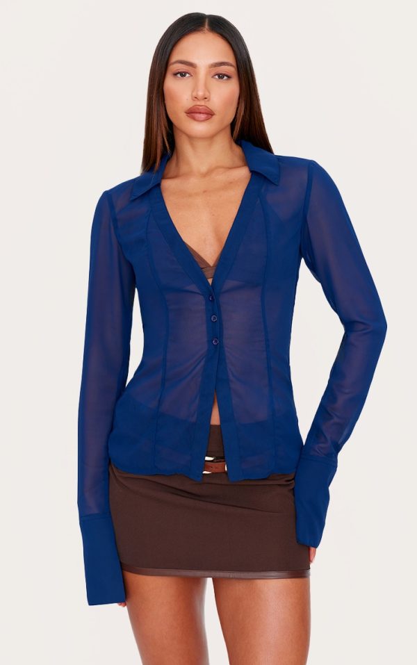Tall Navy Mesh Button Front Blouse