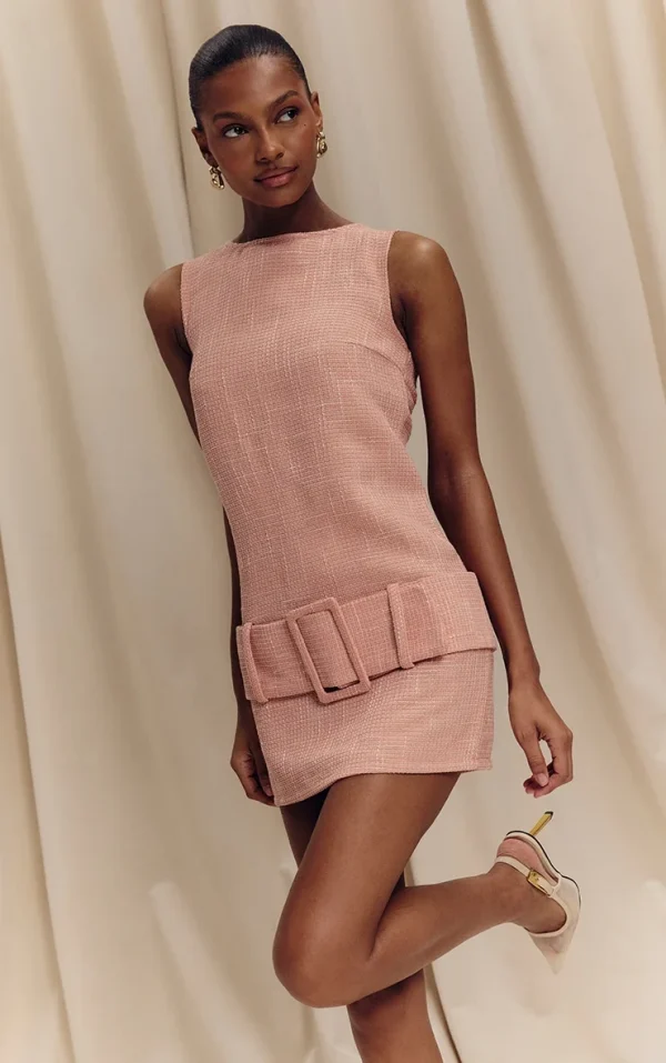 Peach Boucle Oversized Low Belt Shift Dress