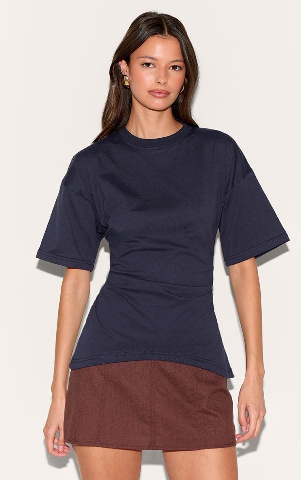 Navy Ruched Side Detail T Shirt