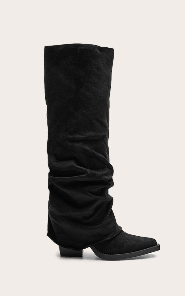 Black Faux Suede Point Toe Fold Over Block Heel Knee High Boots