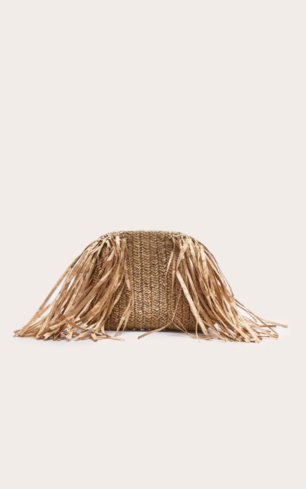 Camel Slouchy Raffia Fringe Clutch