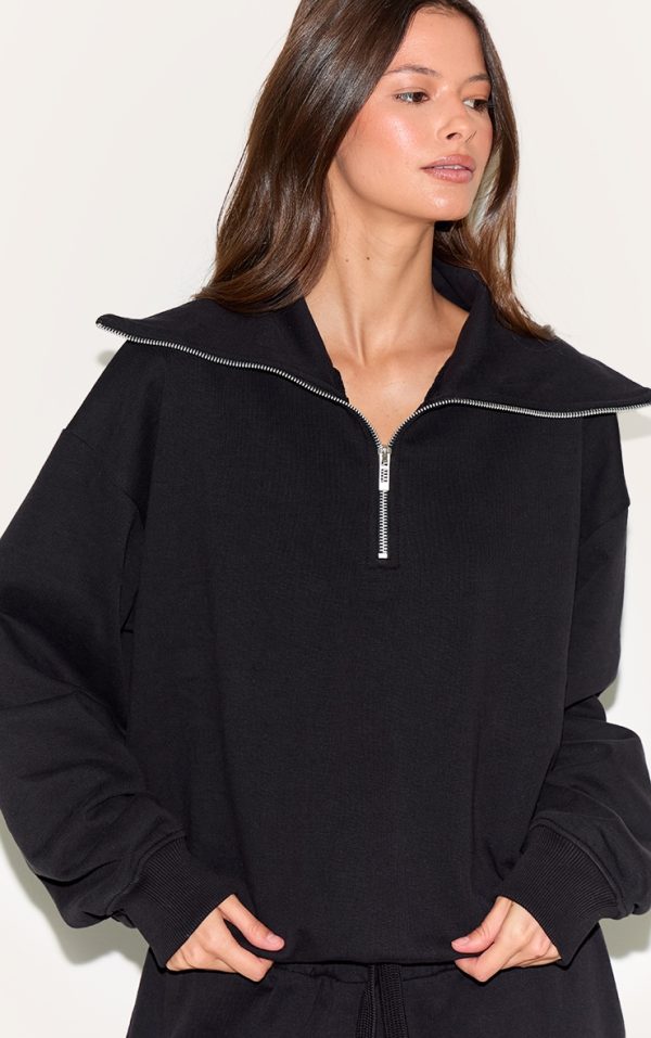 Black Premium Loopback Quarter Zip Foldover Sweatshirt