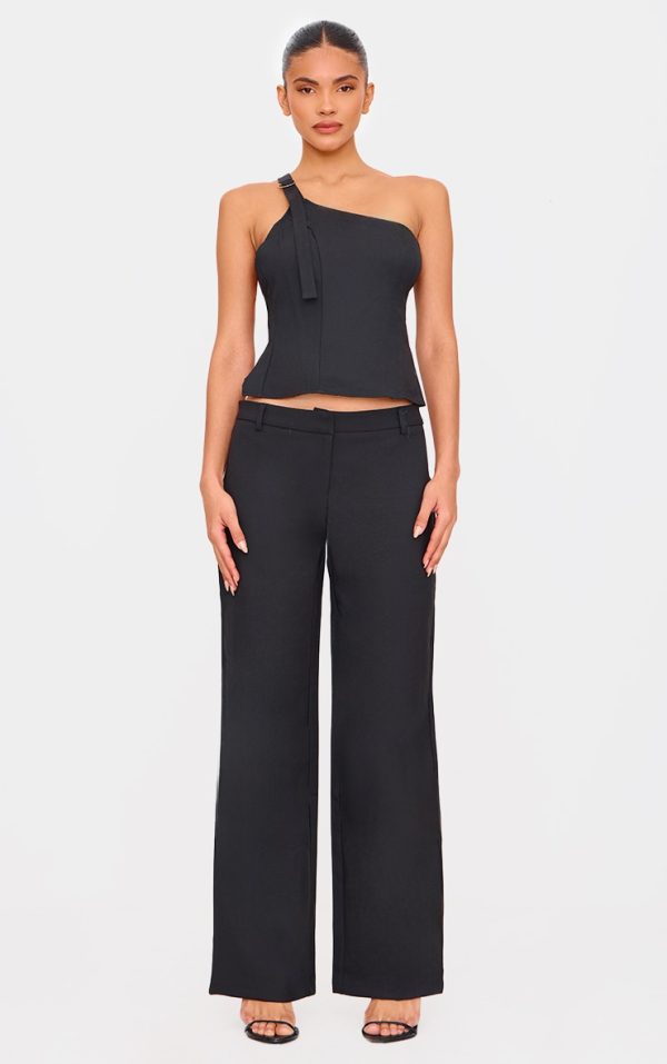 Black Woven Tailored Wide Leg Belt Detail Pants