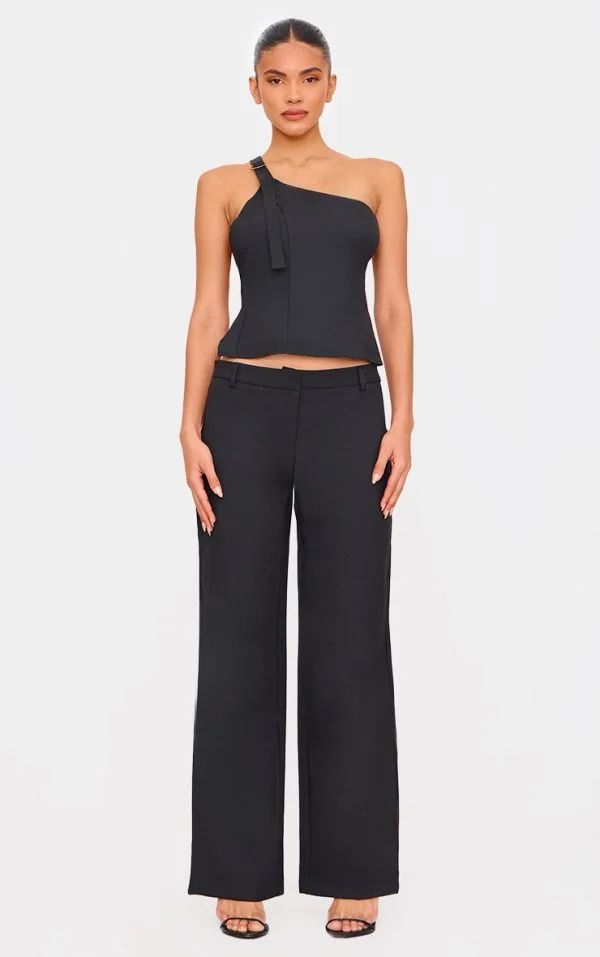 Black Woven Tailored Wide Leg Belt Detail Pants