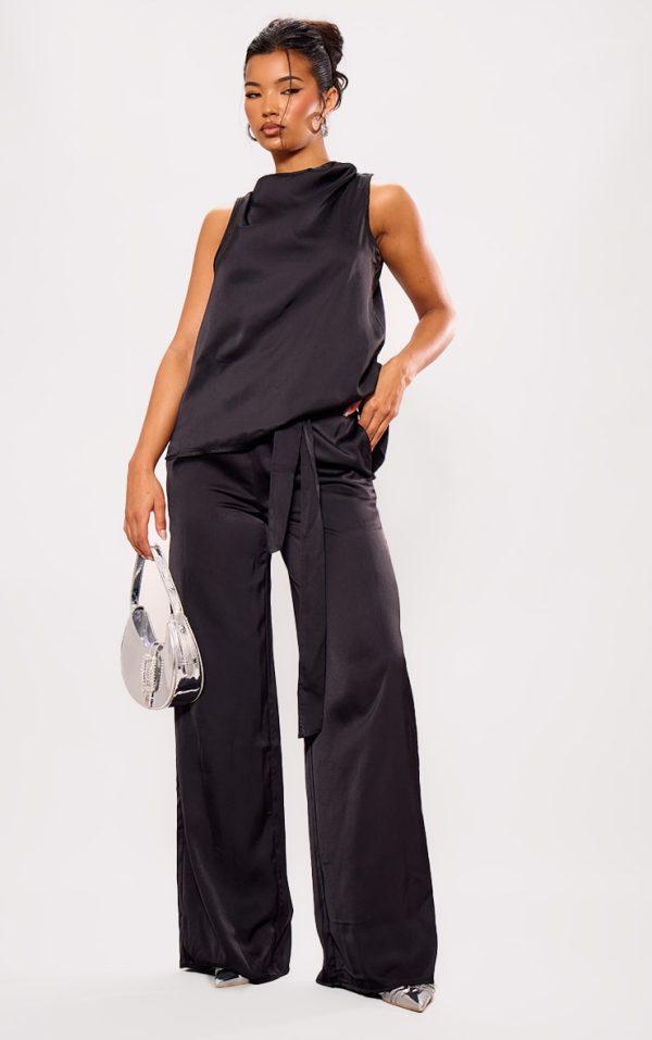 Black Satin Tailored Belted Wide Leg Pants